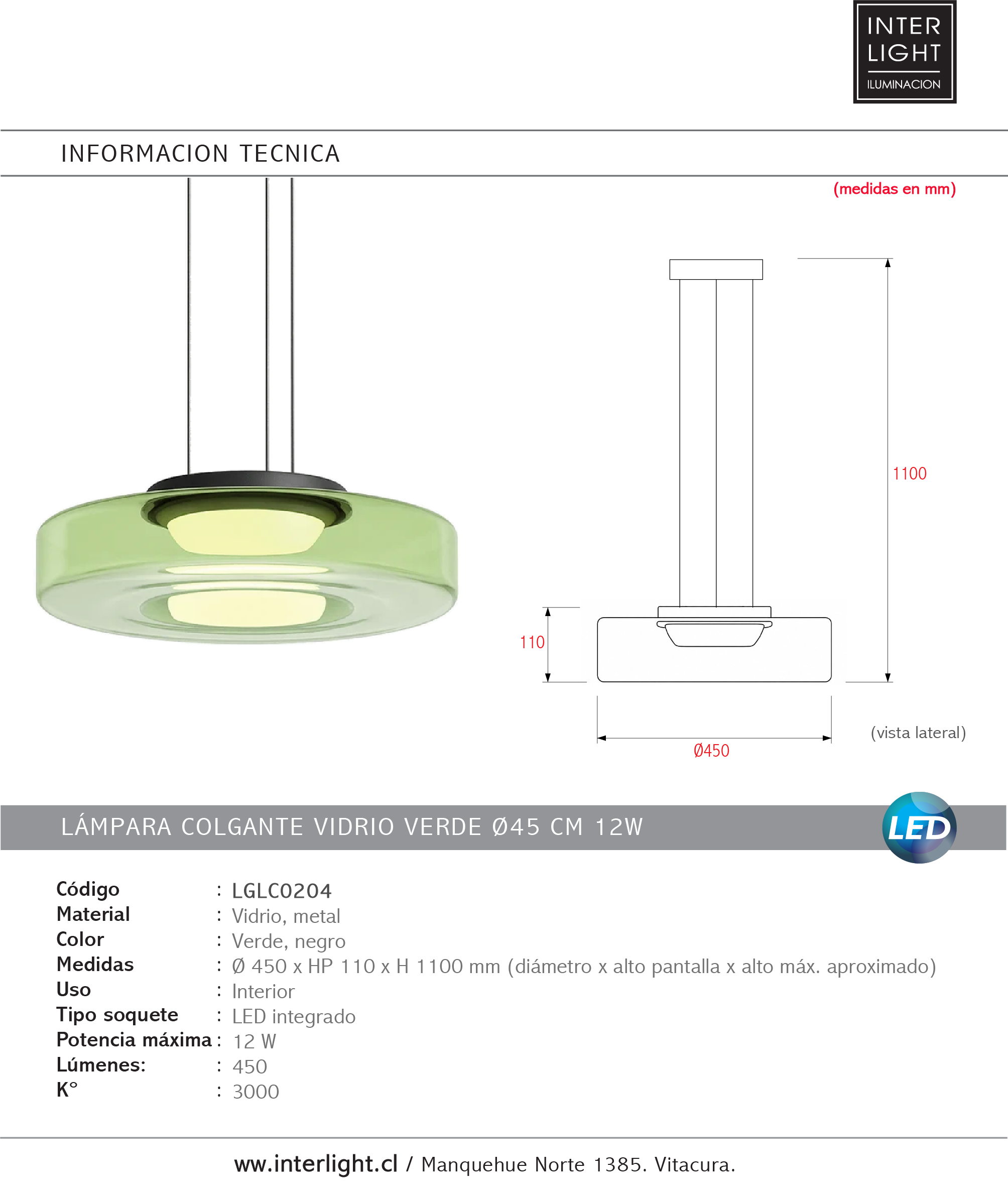 Lámpara colgante vidrio verde metal negro Ø45x11cm 12W LED - LGLC0204