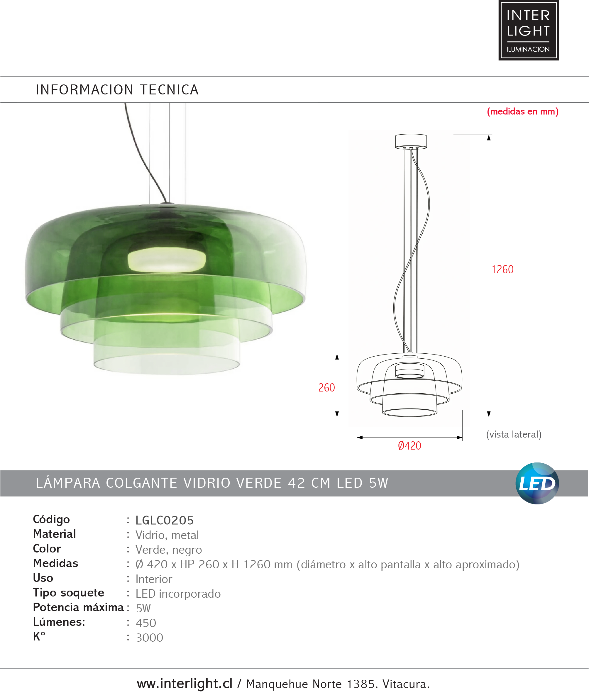 Lámpara colgante vidrio verde 42x26cm LED 5W- LGLC0205