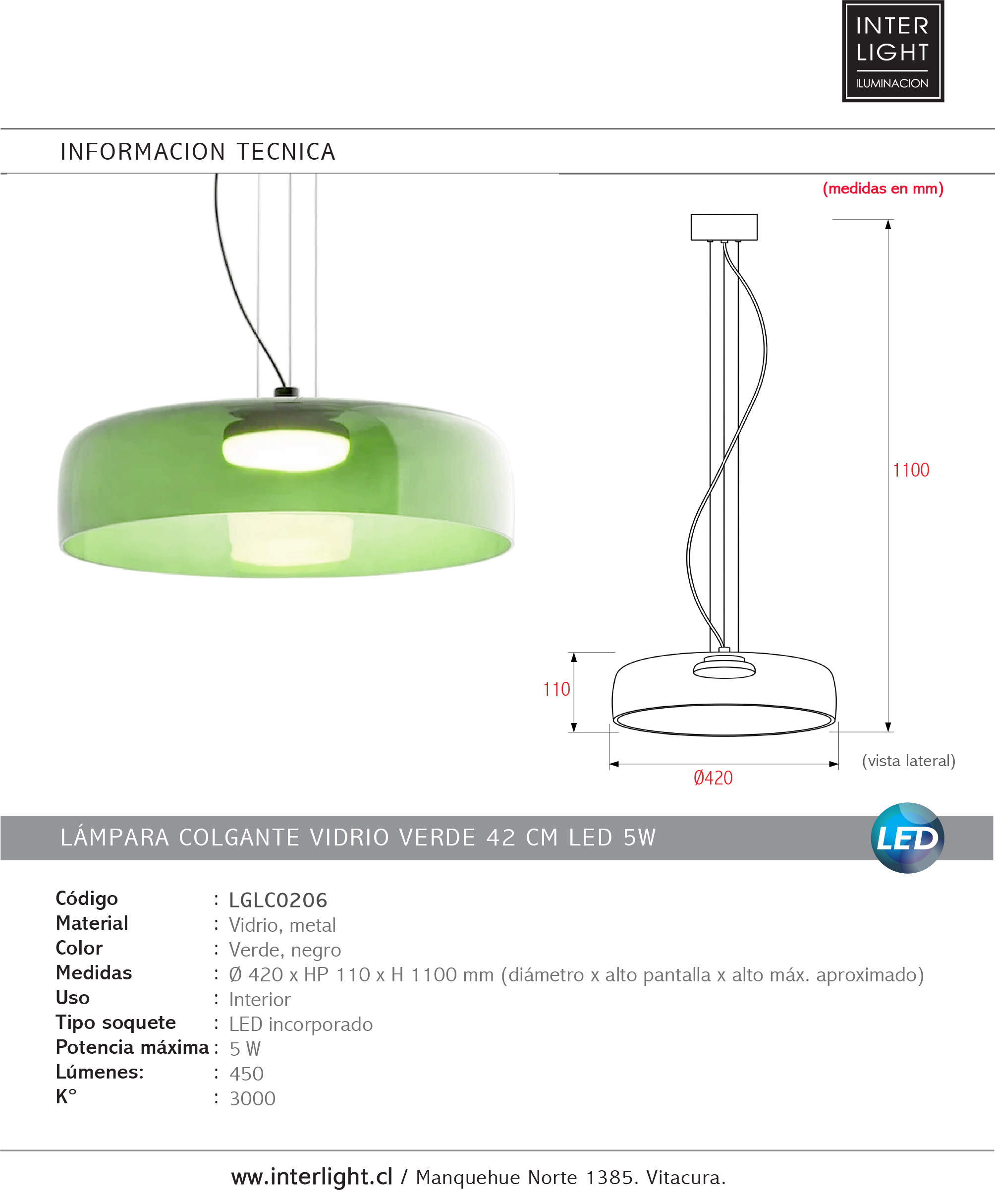 Lámpara colgante vidrio verde 42x11cm LED 5W - LGLC0206