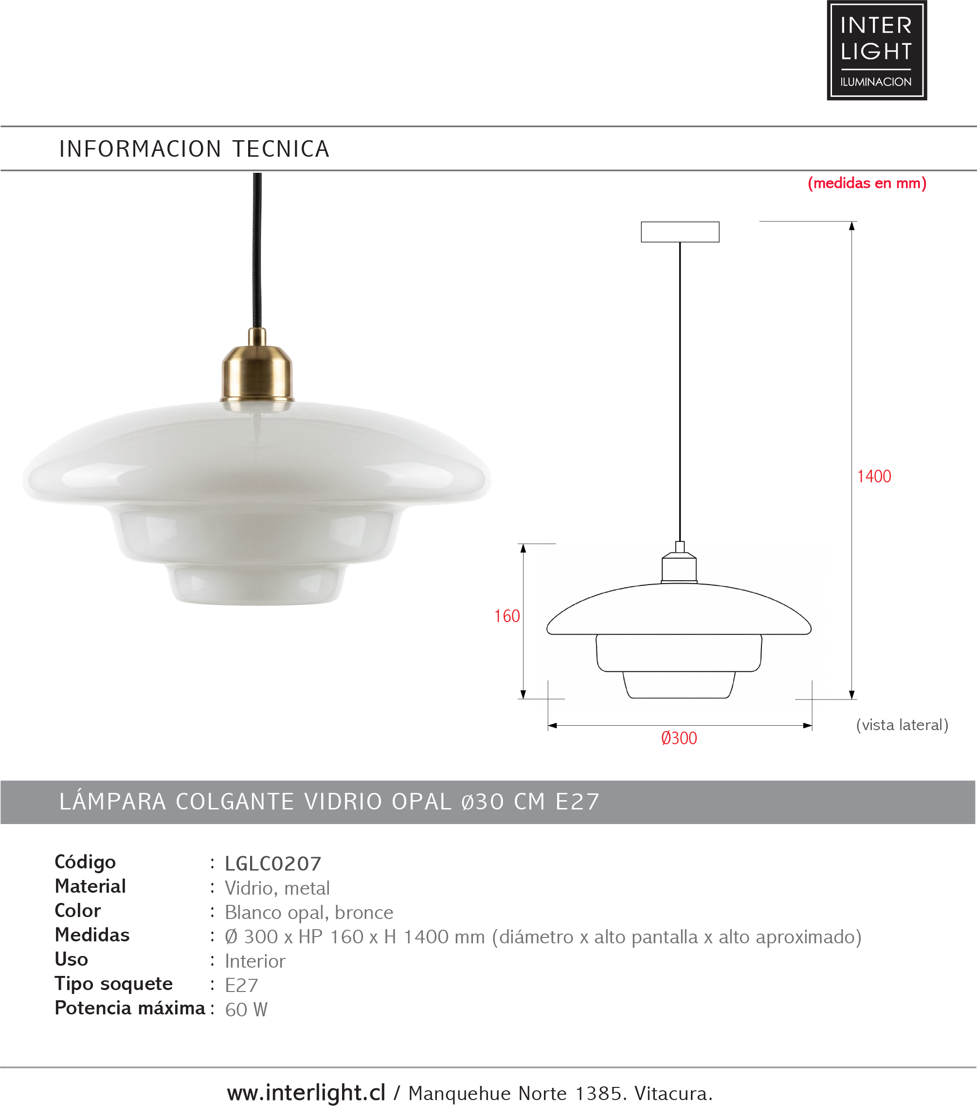 Lámpara colgante vidrio opal  Ø30x140cm E27 - LGLC0207