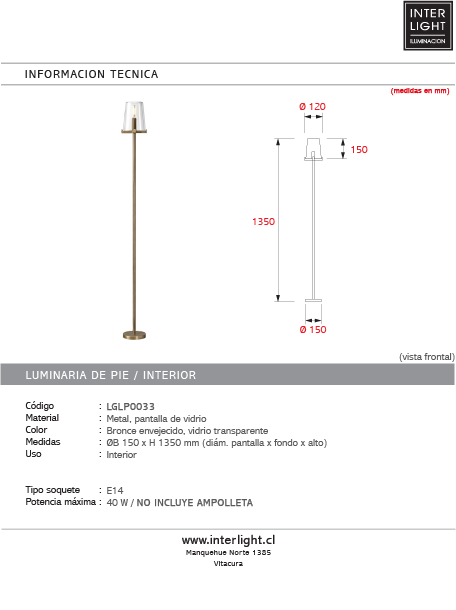 Lámpara de pie metal bronce envejecido vidrio transparente  Ø15x1,35 cm E14 - LGLP0033