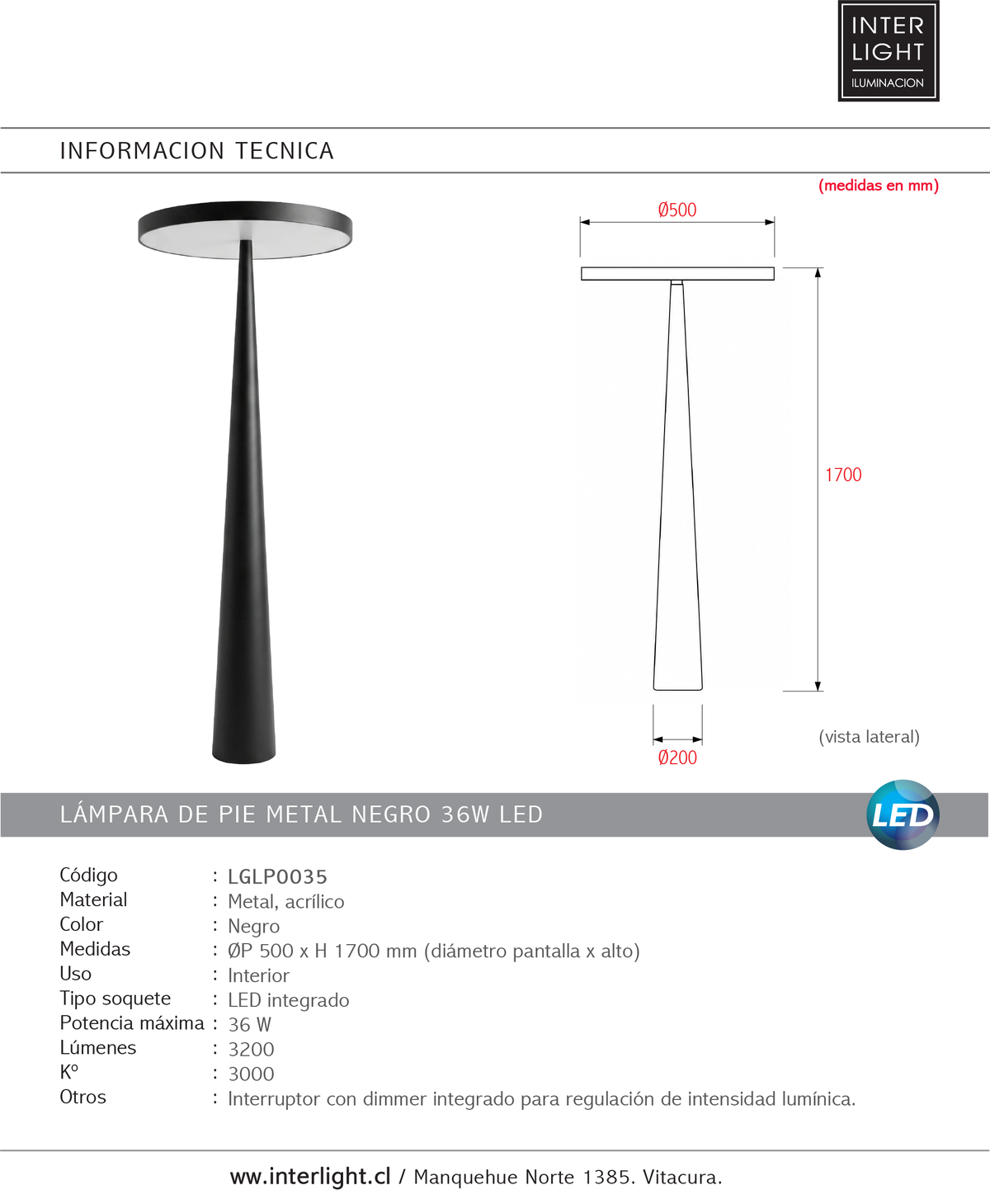 Lámpara de pie metal negro 50X170cm 36W  LED - LGLP0035