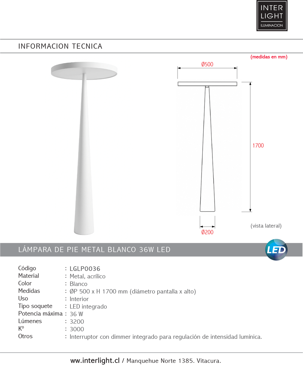 Lámpara de pie metal blanco 50X170cm 36W  LED - LGLP0036