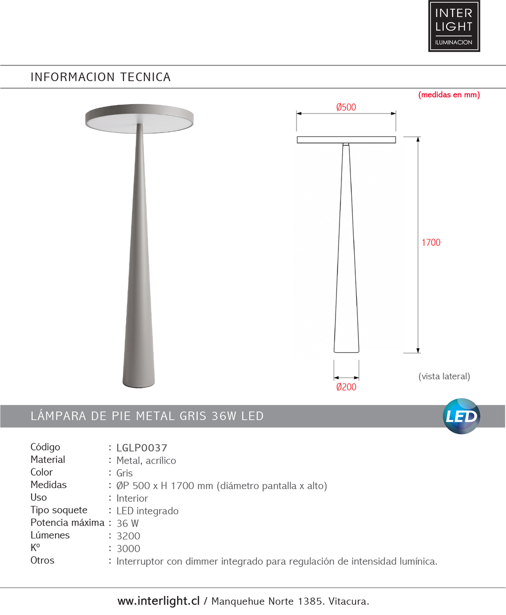 Lámpara de pie metal gris 50X170cm 36W  LED - LGLP0037