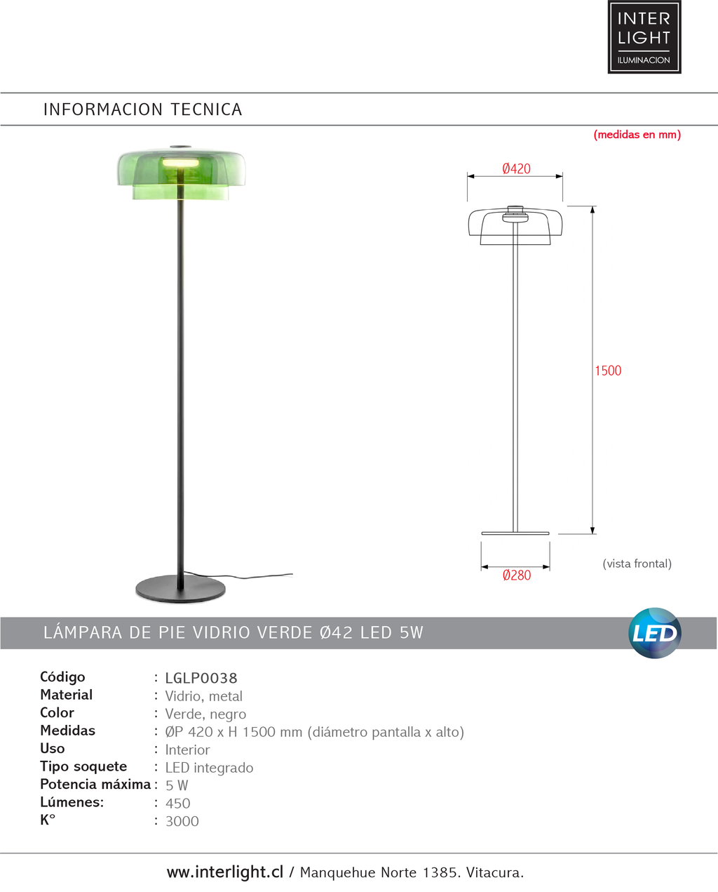 Lámpara de pie vidrio verde Ø42x150cm LED 5W - LGLP0038