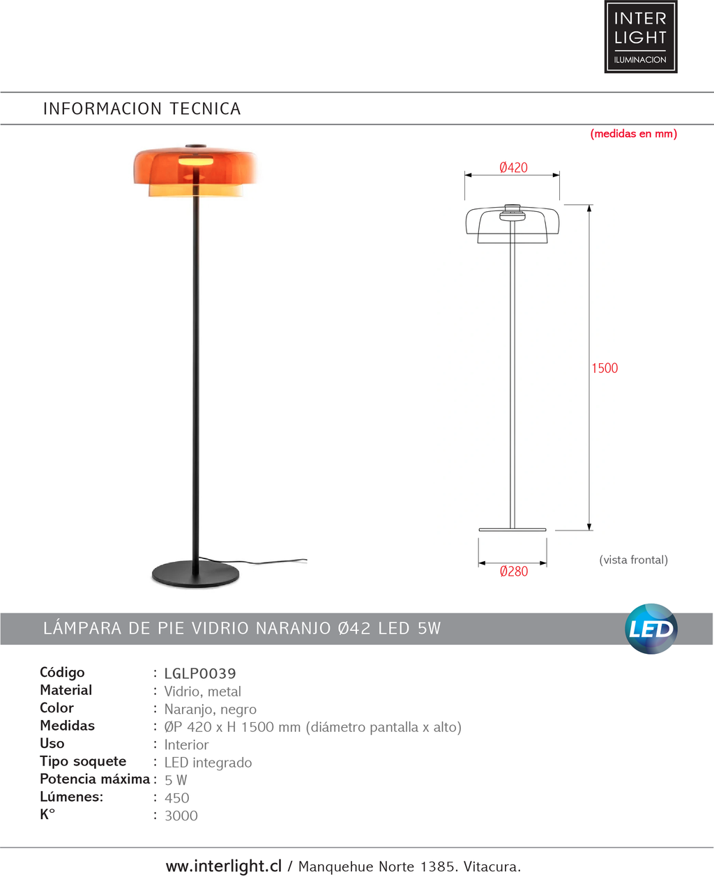Lámpara de pie vidrio naranjo Ø42x150cm LED 5W - LGLP0039