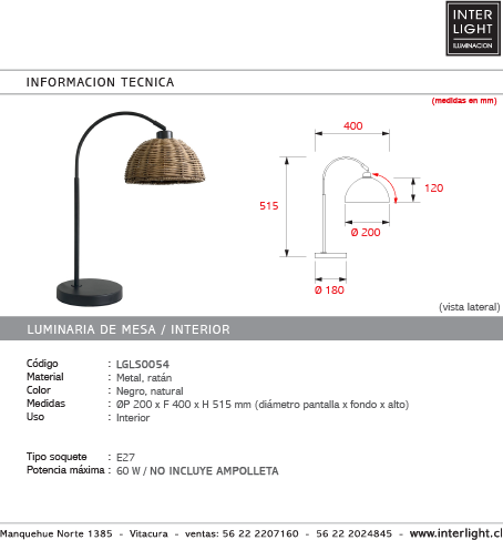 Lámpara sobremesa metal negro ratán Ø20x40x51,5 cm E27 - LGLS0054