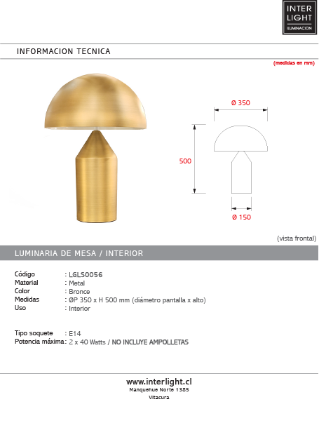 Lámpara sobremesa metal bronce Ø 35x50 cm 2 luces E14 - LGLS0056