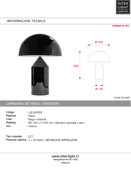 Lámpara sobremesa metal negro brillante Ø 35x50 cm 2 luces E14 - LGLS0059