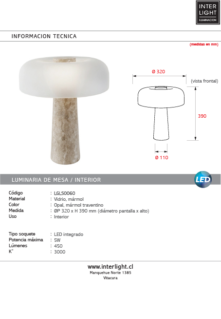 Lámpara sobremesa mármol vidrio Ø 32x39 cm LED  - LGLS0060
