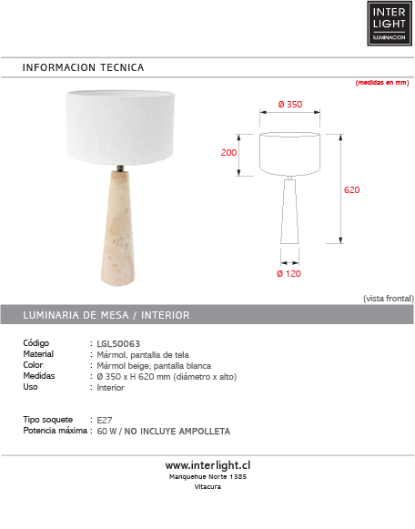 Lámpara sobremesa base marmol Ø 35x62 cm E27  - LGLS0063