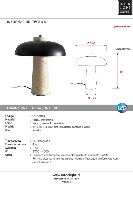 Lámpara sobremesa mármol metal negro Ø 24x30 cm 6W LED  - LGLS0064