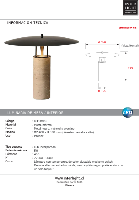 Lámpara sobremesa travertino metal negro Ø40x33 cm 5W LED  - LGLS0065