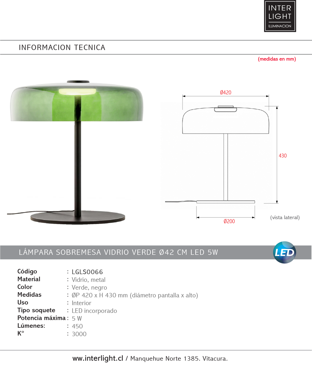 Lámpara sobremesa vidrio verde Ø42x43 cm LED 5W  - LGLS0066