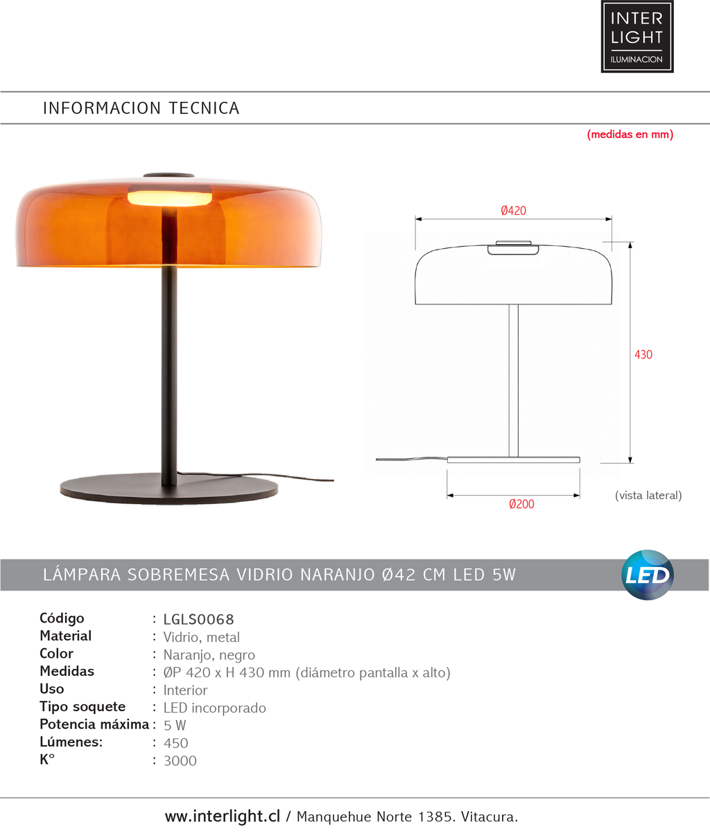 Lámpara sobremesa vidrio naranjo Ø42x45 cm 5W LED  - LGLS0068