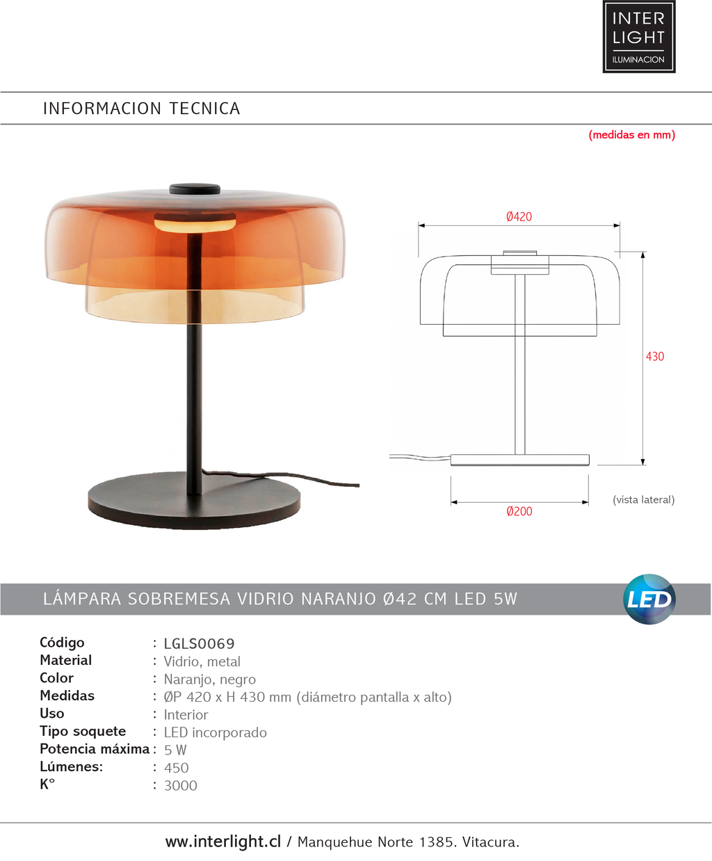 Lámpara sobremesa vidrio naranjo Ø42x43 cm LED 5W  - LGLS0069