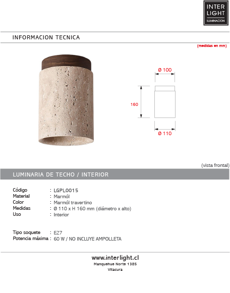 Plafón marmol travertino Ø11x16 cm E27 - LGPL0015