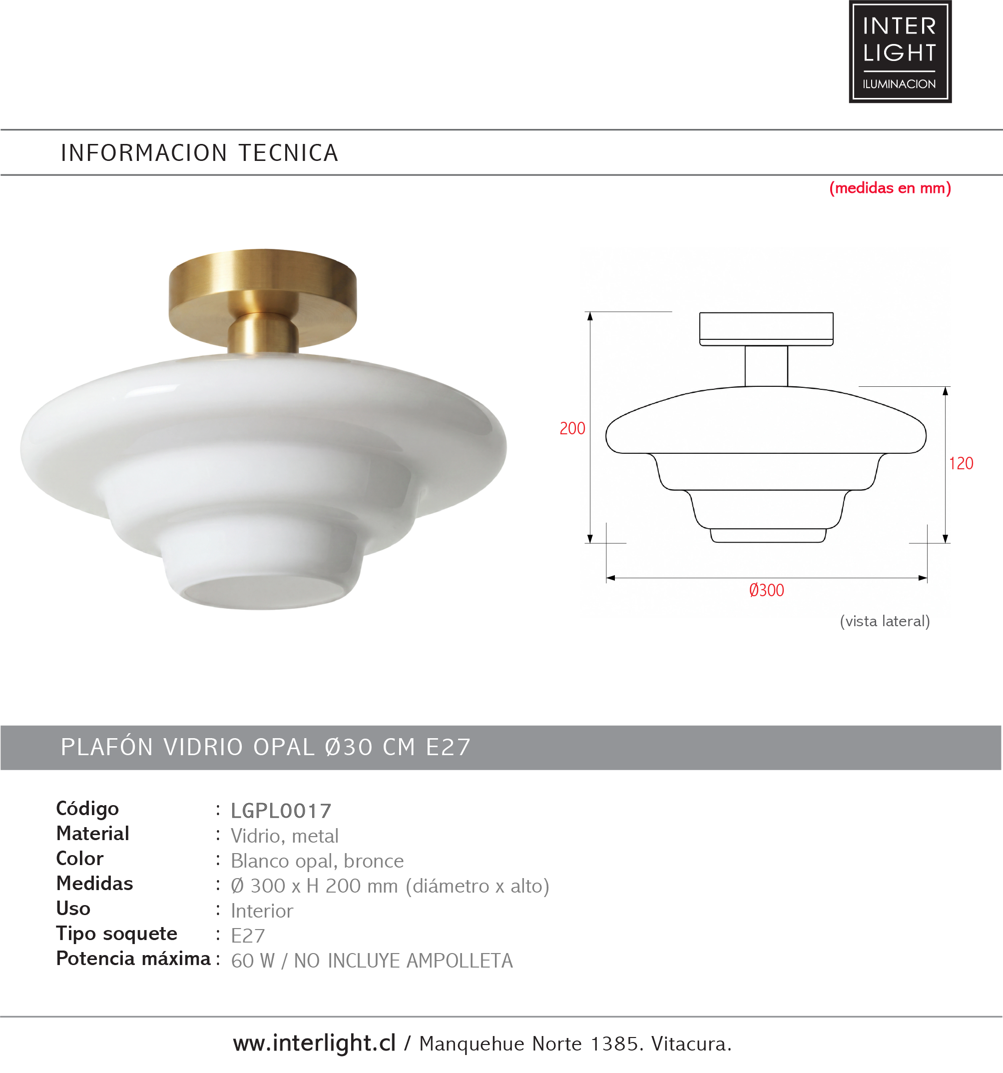 Plafón vidrio opal Ø30 cm E27 - LGPL0017
