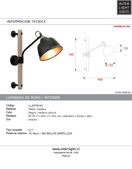 Apliqué madera natural metal negro E27 - LLAP0044