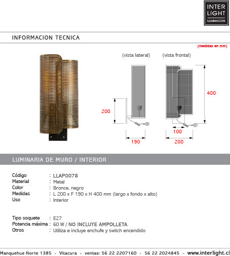 Apliqué metal bronce negro 20x19x45 cm E27 - LLAP0078