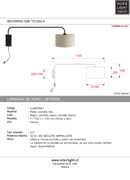 Apliqué metal negro E27 1,16 cm - LLAP0081