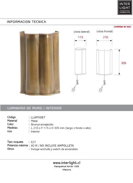 Apliqué metal bronce envejecido 21x11,5x30,5 cm E27 - LLAP0087