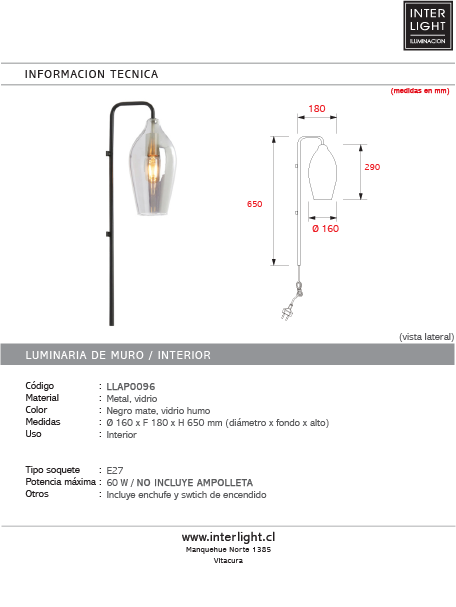 Lámpara de pared metal negro mate vidrio humo 16x18x65 cm E27 - LLAP0096