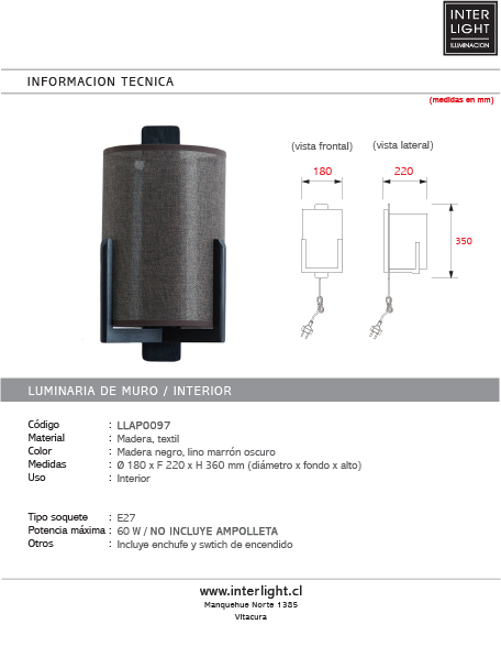 Lámpara de pared madera negro textil lino marrón oscuro Ø18x22x36cm E27- LLAP0097