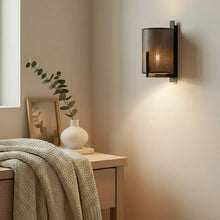 Cargar imagen en el visor de la galería, Lámpara de pared madera negro textil lino marrón oscuro Ø18x22x36cm E27- LLAP0097
