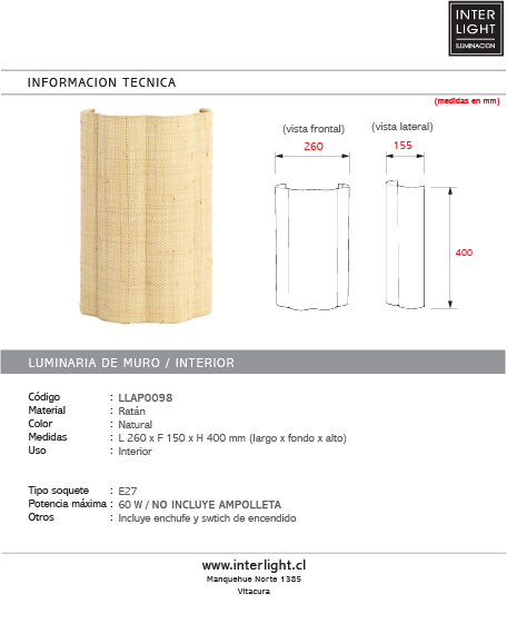 Lámpara de pared ratán natural 26x15,5x40 cm  E27 - LLAP0098