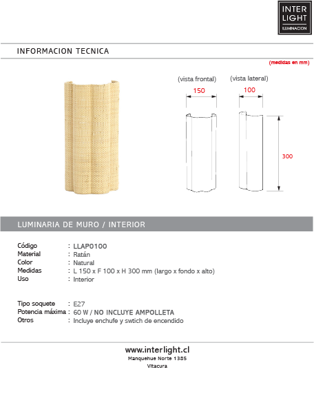 Lámpara de pared ratán natural 15x10x30 cm E27 - LLAP0100