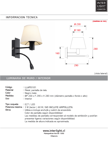 Apliqué lector metal negro mate E27 LED 3W - LLAP0101