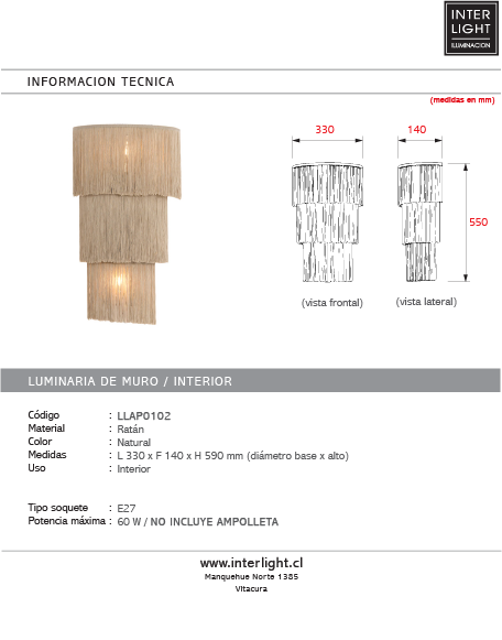 Aplique ratán natural 33x14x55 cm 2 luces E27 - LLAP0102