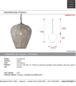 Lámpara colgante metal oro blanco Ø33x46 cm E27 - LLLC0317
