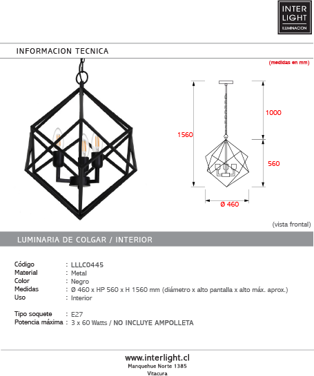Lámpara colgante metal negro Ø46x56 cm 3 luces E27 - LLLC0445