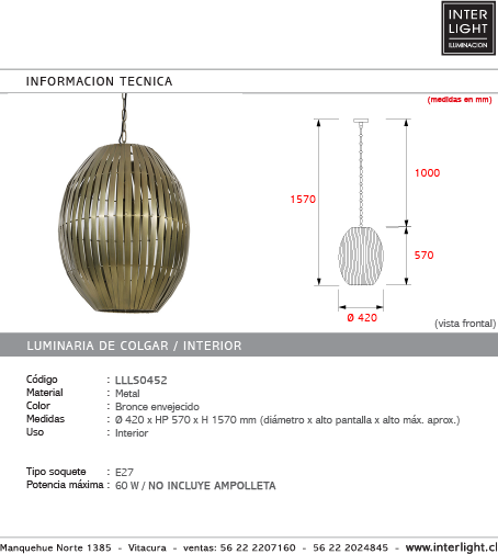 Lámpara colgante metal bronce envejecido Ø42x57 cm E27 - LLLC0452