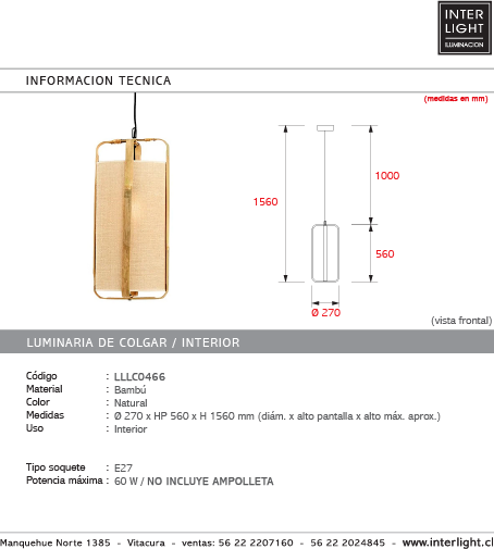 Lámpara colgante bambú natural Ø27x56 cm E27 - LLLC0466