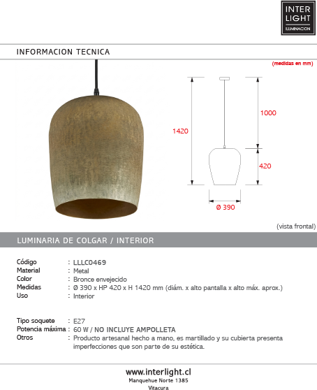 Lámpara colgante metal bronce envejecido Ø39x42 cm E27 - LLLC0469
