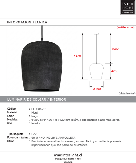 Lámpara colgante metal negro Ø39x42 cm E27 - LLLC0472