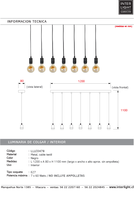 Lámpara colgante metal negro 1,30 cm 7 luces E27 - LLLC0478