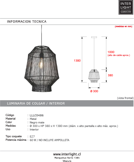 Lámpara colgante metal negro mate Ø30x38 cm E27 - LLLC0486
