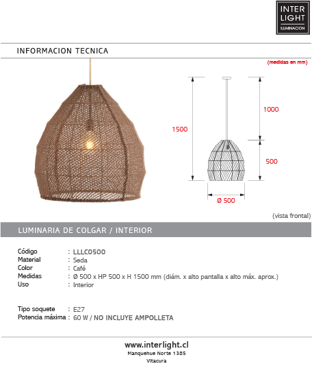 Lámpara colgante textil café Ø50x50 cm E27 - LLLC0500
