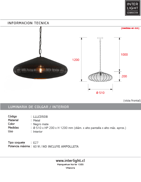 Lámpara colgante metal negro mate Ø51x20 cm E27 - LLLC0508