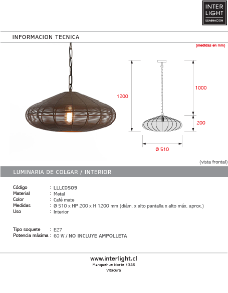 Lámpara colgante metal café mate Ø51x20 cm E27 - LLLC0509