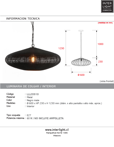 Lámpara colgante metal negro mate Ø60x23 cm E27 - LLLC0510