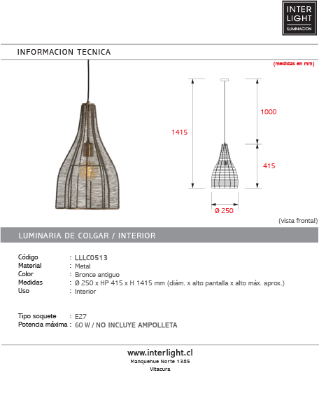 Lámpara colgante metal bronce antiguo Ø25x41,5 cm E27 - LLLC0513