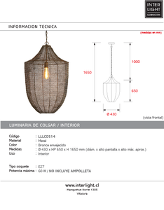 Lámpara colgante metal bronce antiguo Ø43x65 cm E27 - LLLC0514