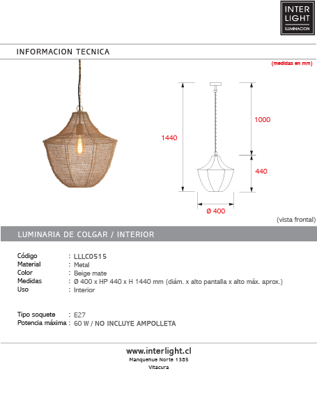Lámpara colgante metal beige mate Ø40x44 cm E27 - LLLC0515