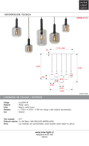 Lámpara colgante metal vidrio negro 110x22x32 cm 5 luces E27 - LLLC0518