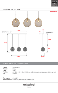 Lámpara colgante 3 luces 104x30x34 cm oro - LLLC0529